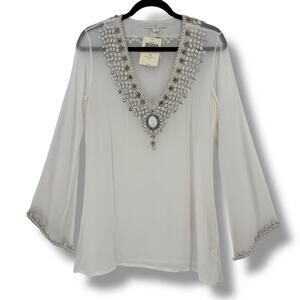 Boston Proper Crystal Neckline Tunic Shirt Womens Sz XS Sheer White Beaded
